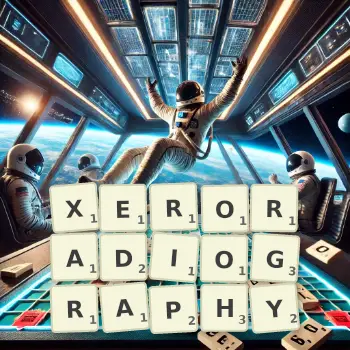 Creative illustration for a Scrabble game with the word XERORADIOGRAPHY spelled out in tiles on the board.