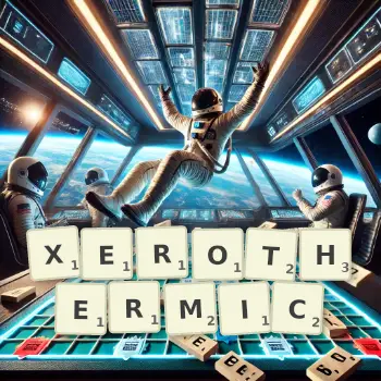 Creative illustration for a Scrabble game with the word XEROTHERMIC spelled out in tiles on the board.