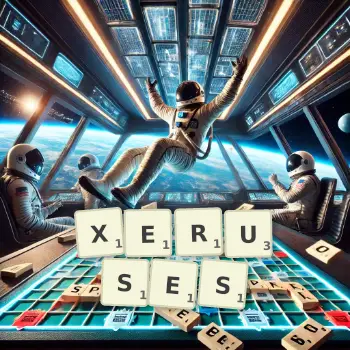 Creative illustration for a Scrabble game with the word XERUSES spelled out in tiles on the board.