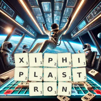 Creative illustration for a Scrabble game with the word XIPHIPLASTRON spelled out in tiles on the board.
