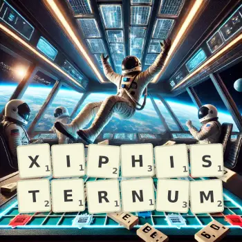 Creative illustration for a Scrabble game with the word XIPHISTERNUM spelled out in tiles on the board.