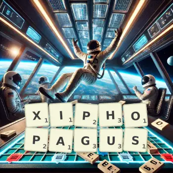 Creative illustration for a Scrabble game with the word XIPHOPAGUS spelled out in tiles on the board.