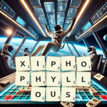 Creative illustration for a Scrabble game with the word XIPHOPHYLLOUS spelled out in tiles on the board.