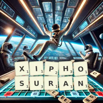 Creative illustration for a Scrabble game with the word XIPHOSURAN spelled out in tiles on the board.