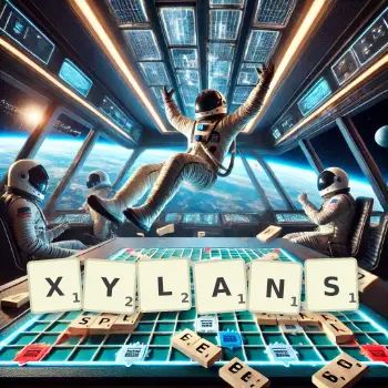 Creative illustration for a Scrabble game with the word XYLANS spelled out in tiles on the board.