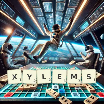 Creative illustration for a Scrabble game with the word XYLEMS spelled out in tiles on the board.
