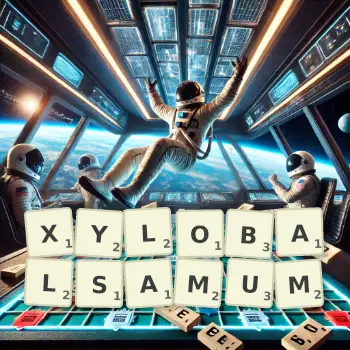 Creative illustration for a Scrabble game with the word XYLOBALSAMUM spelled out in tiles on the board.