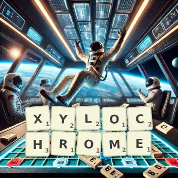Creative illustration for a Scrabble game with the word XYLOCHROME spelled out in tiles on the board.