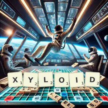 Creative illustration for a Scrabble game with the word XYLOID spelled out in tiles on the board.