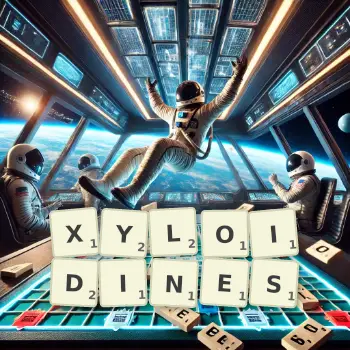 Creative illustration for a Scrabble game with the word XYLOIDINES spelled out in tiles on the board.