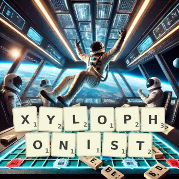 Creative illustration for a Scrabble game with the word XYLOPHONIST spelled out in tiles on the board.
