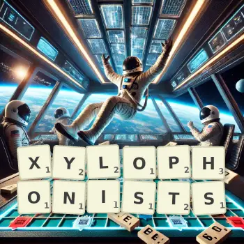 Creative illustration for a Scrabble game with the word XYLOPHONISTS spelled out in tiles on the board.