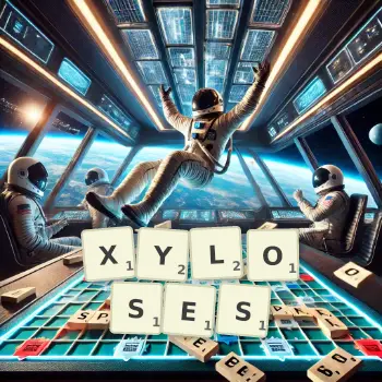 Creative illustration for a Scrabble game with the word XYLOSES spelled out in tiles on the board.