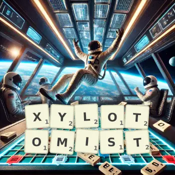 Creative illustration for a Scrabble game with the word XYLOTOMIST spelled out in tiles on the board.