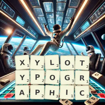 Creative illustration for a Scrabble game with the word XYLOTYPOGRAPHIC spelled out in tiles on the board.