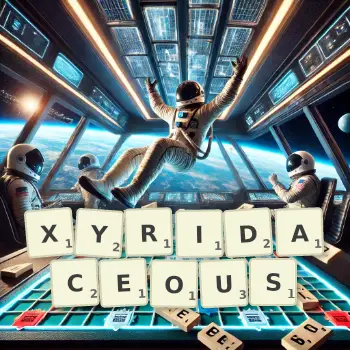 Creative illustration for a Scrabble game with the word XYRIDACEOUS spelled out in tiles on the board.