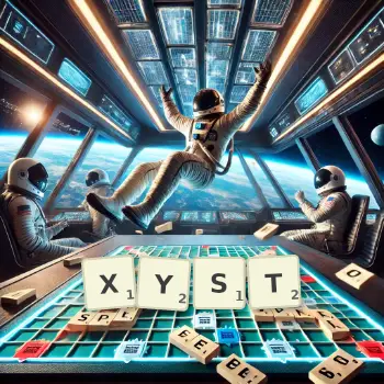 Creative illustration for a Scrabble game with the word XYST spelled out in tiles on the board.