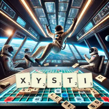 Creative illustration for a Scrabble game with the word XYSTI spelled out in tiles on the board.