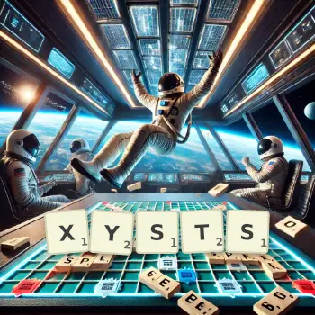 Creative illustration for a Scrabble game with the word XYSTS spelled out in tiles on the board.
