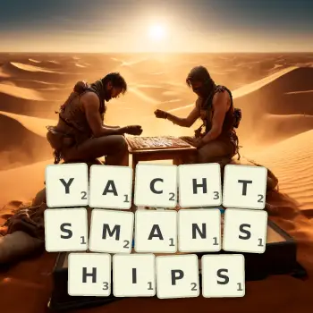 Creative illustration for a Scrabble game with the word YACHTSMANSHIPS spelled out in tiles on the board.