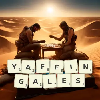 Creative illustration for a Scrabble game with the word YAFFINGALES spelled out in tiles on the board.