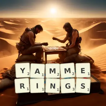 Creative illustration for a Scrabble game with the word YAMMERINGS spelled out in tiles on the board.