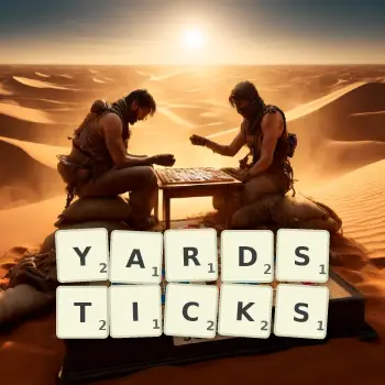 Creative illustration for a Scrabble game with the word YARDSTICKS spelled out in tiles on the board.