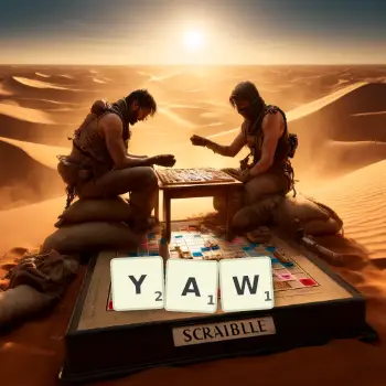 Creative illustration for a Scrabble game with the word YAW spelled out in tiles on the board.