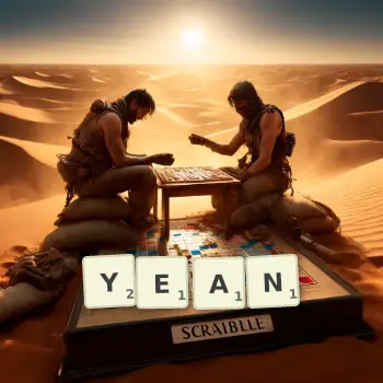 Creative illustration for a Scrabble game with the word YEAN spelled out in tiles on the board.