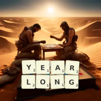 Creative illustration for a Scrabble game with the word YEARLONG spelled out in tiles on the board.