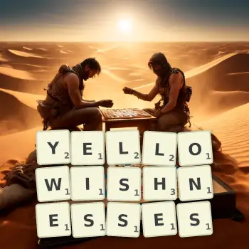 Creative illustration for a Scrabble game with the word YELLOWISHNESSES spelled out in tiles on the board.