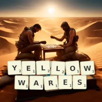 Creative illustration for a Scrabble game with the word YELLOWWARES spelled out in tiles on the board.