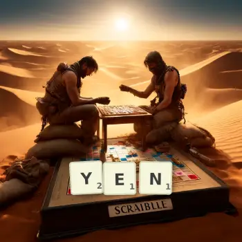 Creative illustration for a Scrabble game with the word YEN spelled out in tiles on the board.