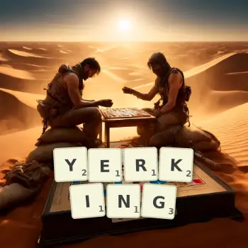 Creative illustration for a Scrabble game with the word YERKING spelled out in tiles on the board.