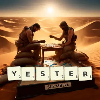 Creative illustration for a Scrabble game with the word YESTER spelled out in tiles on the board.