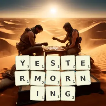 Creative illustration for a Scrabble game with the word YESTERMORNING spelled out in tiles on the board.