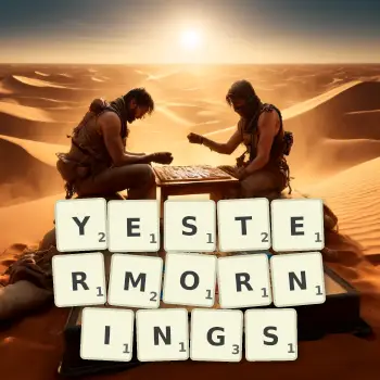 Creative illustration for a Scrabble game with the word YESTERMORNINGS spelled out in tiles on the board.