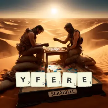 Creative illustration for a Scrabble game with the word YFERE spelled out in tiles on the board.