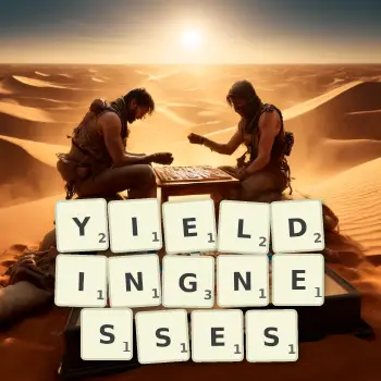 Creative illustration for a Scrabble game with the word YIELDINGNESSES spelled out in tiles on the board.