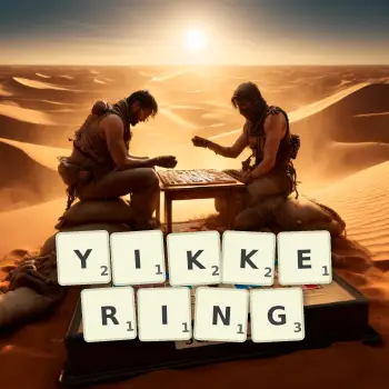 Creative illustration for a Scrabble game with the word YIKKERING spelled out in tiles on the board.