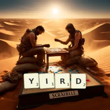 Creative illustration for a Scrabble game with the word YIRD spelled out in tiles on the board.