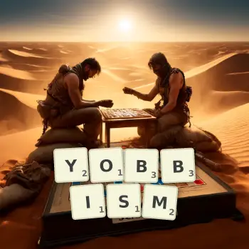 Creative illustration for a Scrabble game with the word YOBBISM spelled out in tiles on the board.