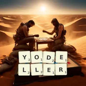 Creative illustration for a Scrabble game with the word YODELLER spelled out in tiles on the board.