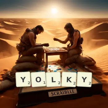 Creative illustration for a Scrabble game with the word YOLKY spelled out in tiles on the board.