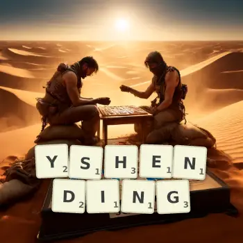 Creative illustration for a Scrabble game with the word YSHENDING spelled out in tiles on the board.