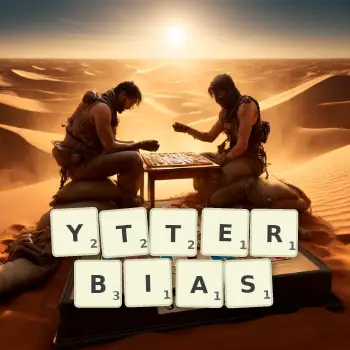 Creative illustration for a Scrabble game with the word YTTERBIAS spelled out in tiles on the board.