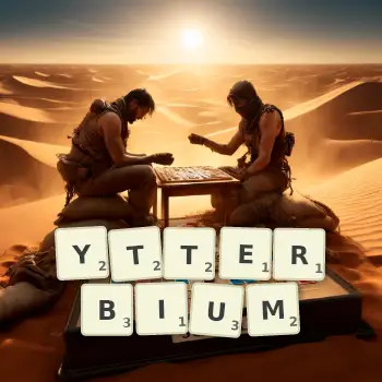 Creative illustration for a Scrabble game with the word YTTERBIUM spelled out in tiles on the board.