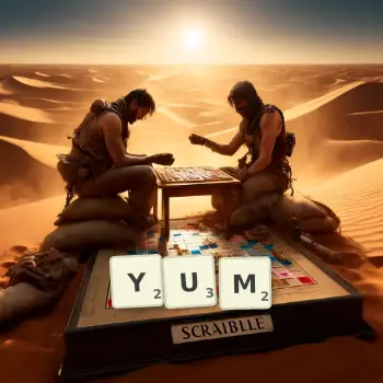 Creative illustration for a Scrabble game with the word YUM spelled out in tiles on the board.