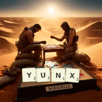Creative illustration for a Scrabble game with the word YUNX spelled out in tiles on the board.