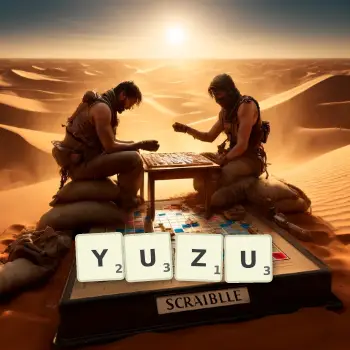 Creative illustration for a Scrabble game with the word YUZU spelled out in tiles on the board.